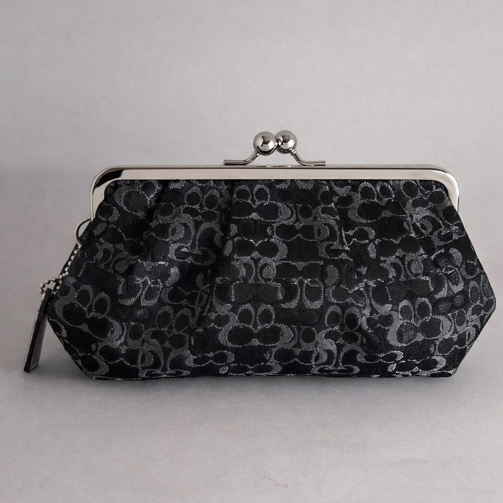 Coach Y2K Signature Optic Kisslock Clutch Black Shimmer Monogram Bag Vintage - Picture 6 of 8